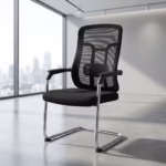 Mesh Quest Chair with breathable black mesh backrest, padded seat, armrests and chrome cantilever frame for office visitor and conference seating.