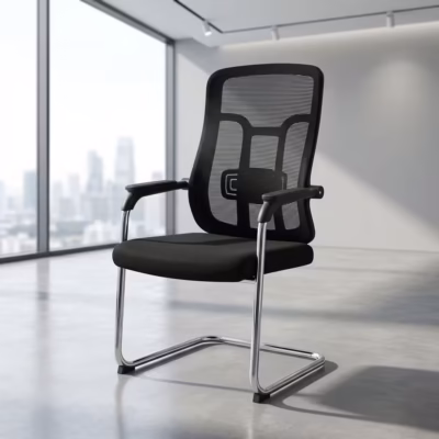Mesh Quest Chair with breathable black mesh backrest, padded seat, armrests and chrome cantilever frame for office visitor and conference seating.