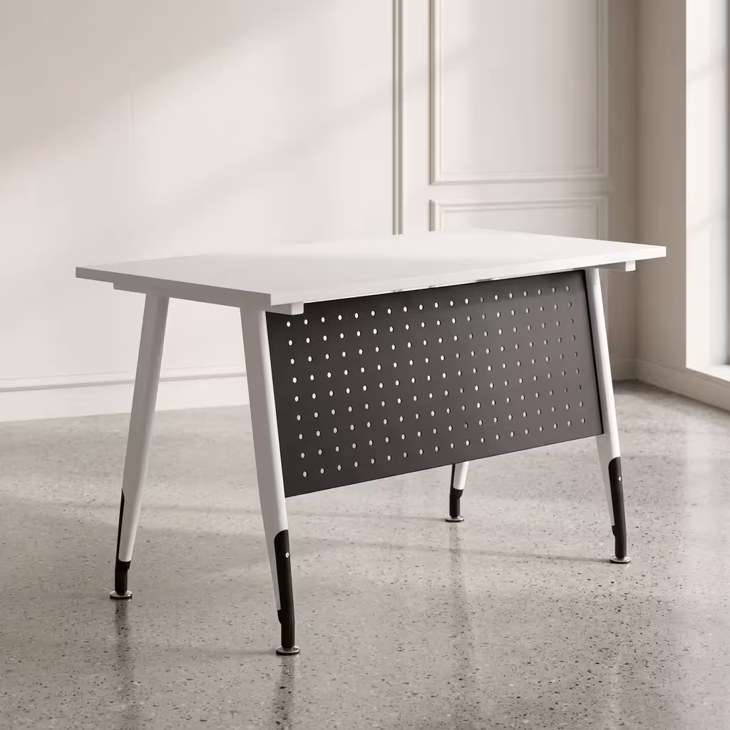 Modern office training table with white rectangular tabletop, angled metal legs and black perforated modesty panel.