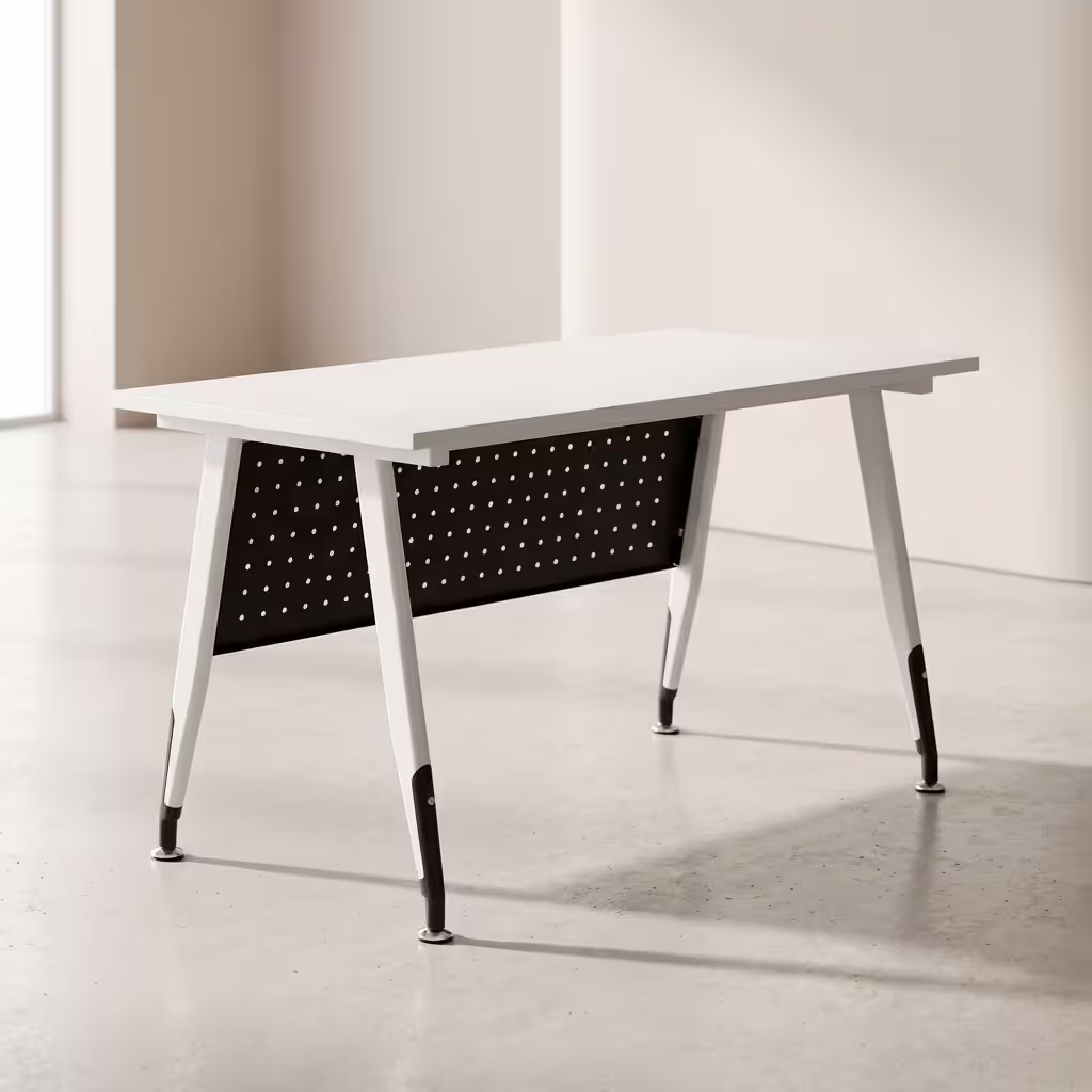 Modern office training table with white rectangular tabletop, angled metal legs and black perforated modesty panel.