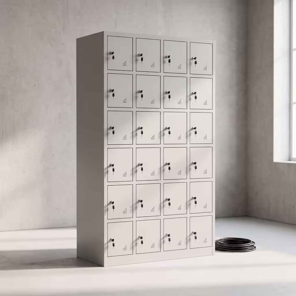 24 locker storage cabinet with individual lockable grey doors and ventilation holes for secure multi-user storage.