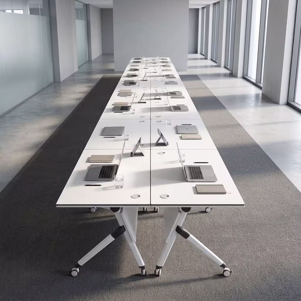 1.2M modern foldable office training table with flip-top surface, cable management ports, modesty panel, and caster wheels.