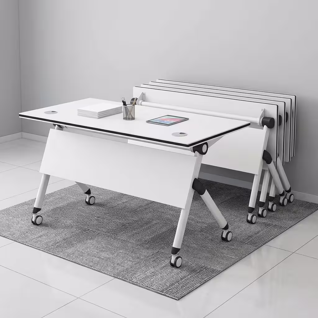 1.2M modern foldable office training table with flip-top surface, cable management ports, modesty panel, and caster wheels.