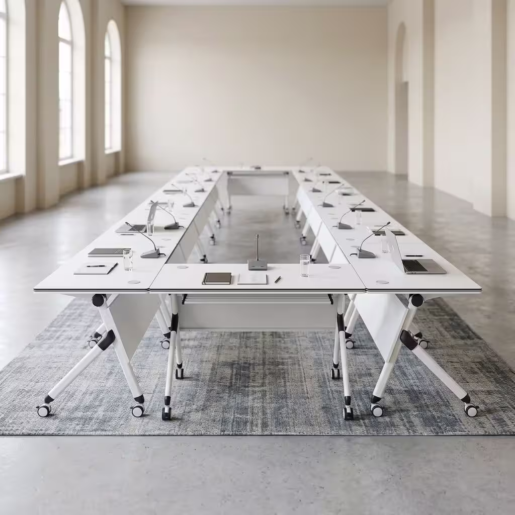 1.2M modern foldable office training table with flip-top surface, cable management ports, modesty panel, and caster wheels.