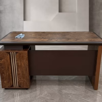 1.2M modern executive office desk with walnut wood finish, lockable drawers, modesty panel, and spacious work surface.