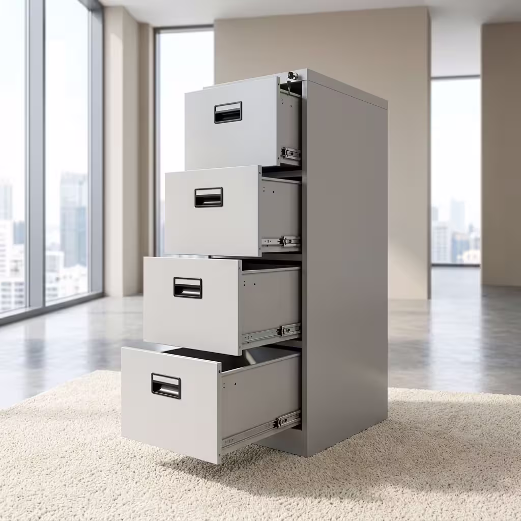 4 drawer office filing cabinet with lockable steel drawers, recessed handles, and vertical document storage design.