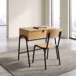 School desk and chair set with wood-finish tabletop, storage compartment, and black metal frame for student learning.