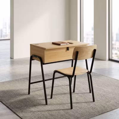 School desk and chair set with wood-finish tabletop, storage compartment, and black metal frame for student learning.