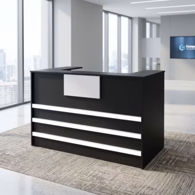 Office reception desk with spacious workstation, transaction counter, storage compartments, and modern professional design.