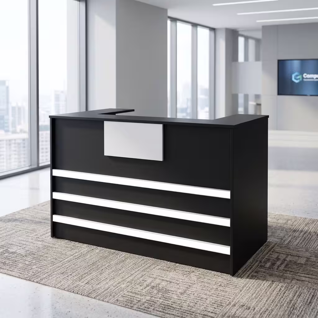 Office reception desk with spacious workstation, transaction counter, storage compartments, and modern professional design.