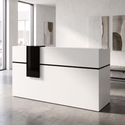 Modern office reception desk with white finish, black accent panel, elevated counter, and professional front office design.