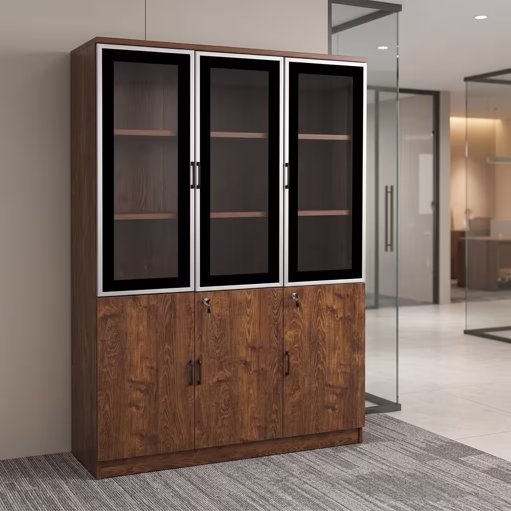 3 door wooden storage cabinet with glass display doors, lockable lower compartments, shelving, and rich wood-grain finish.