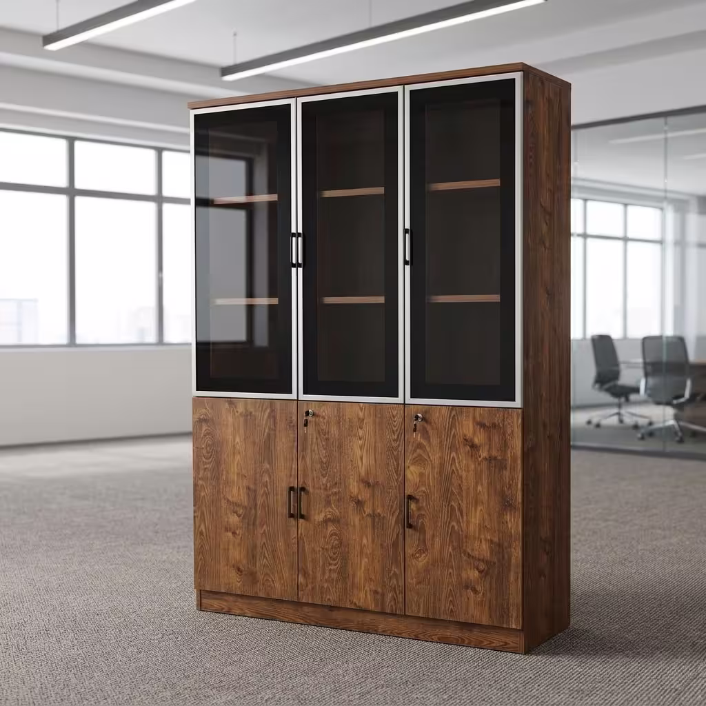 3 door wooden storage cabinet with glass display doors, lockable lower compartments, shelving, and rich wood-grain finish.