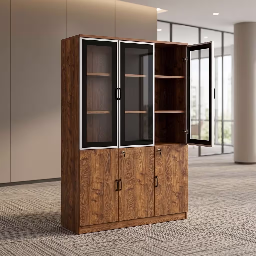 3 door wooden storage cabinet with glass display doors, lockable lower compartments, shelving, and rich wood-grain finish.