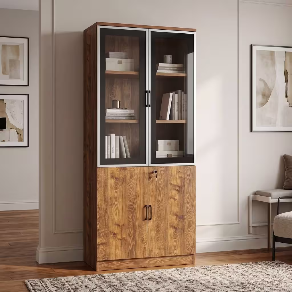 2 door executive wooden cabinet with glass display doors, lockable storage compartments, shelves, and walnut wood finish.