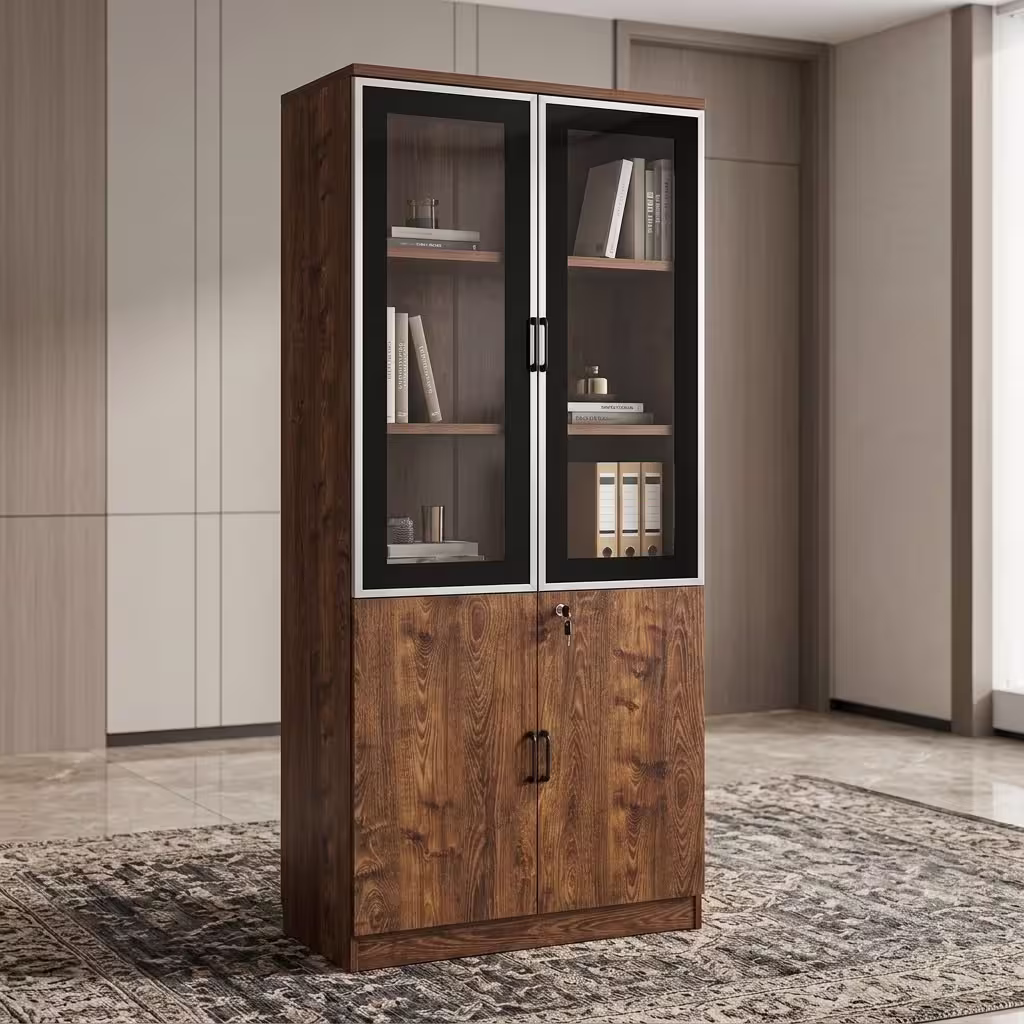 2 door executive wooden cabinet with glass display doors, lockable storage compartments, shelves, and walnut wood finish.