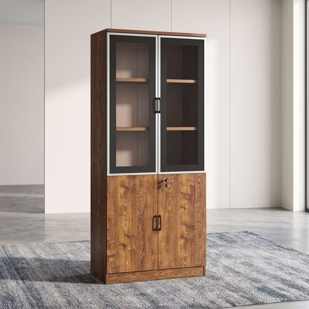 2 door executive wooden cabinet with glass display doors, lockable storage compartments, shelves, and walnut wood finish.