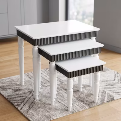 3 piece wooden nesting stools with white tops, decorative ribbed detailing, and turned wooden legs in a space-saving design.