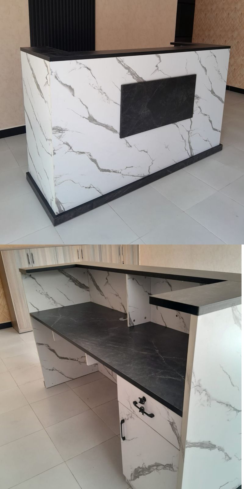 1.8M office reception desk with marble-effect finish, black accents, elevated counter, and modern reception design.