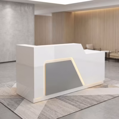 1.8M modern reception desk with white high-gloss finish, LED accent panel, elevated transaction counter, and contemporary design.