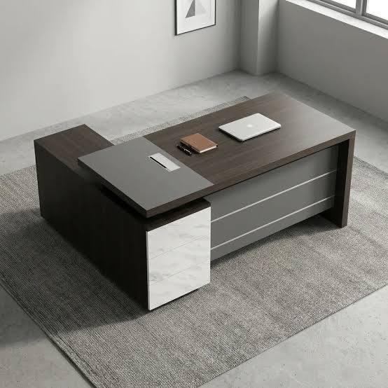 1.8M executive modern office desk with walnut finish, marble-style drawers, grey modesty panel, side return, and spacious workstation.