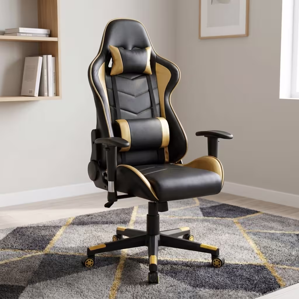 Reclining yellow gaming chair with ergonomic high back, lumbar cushion, headrest pillow, adjustable armrests, and caster wheels.