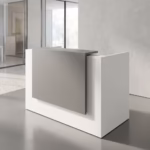 1.4M office reception counter desk with white panels, grey accents, lockable drawers, and spacious receptionist workstation.