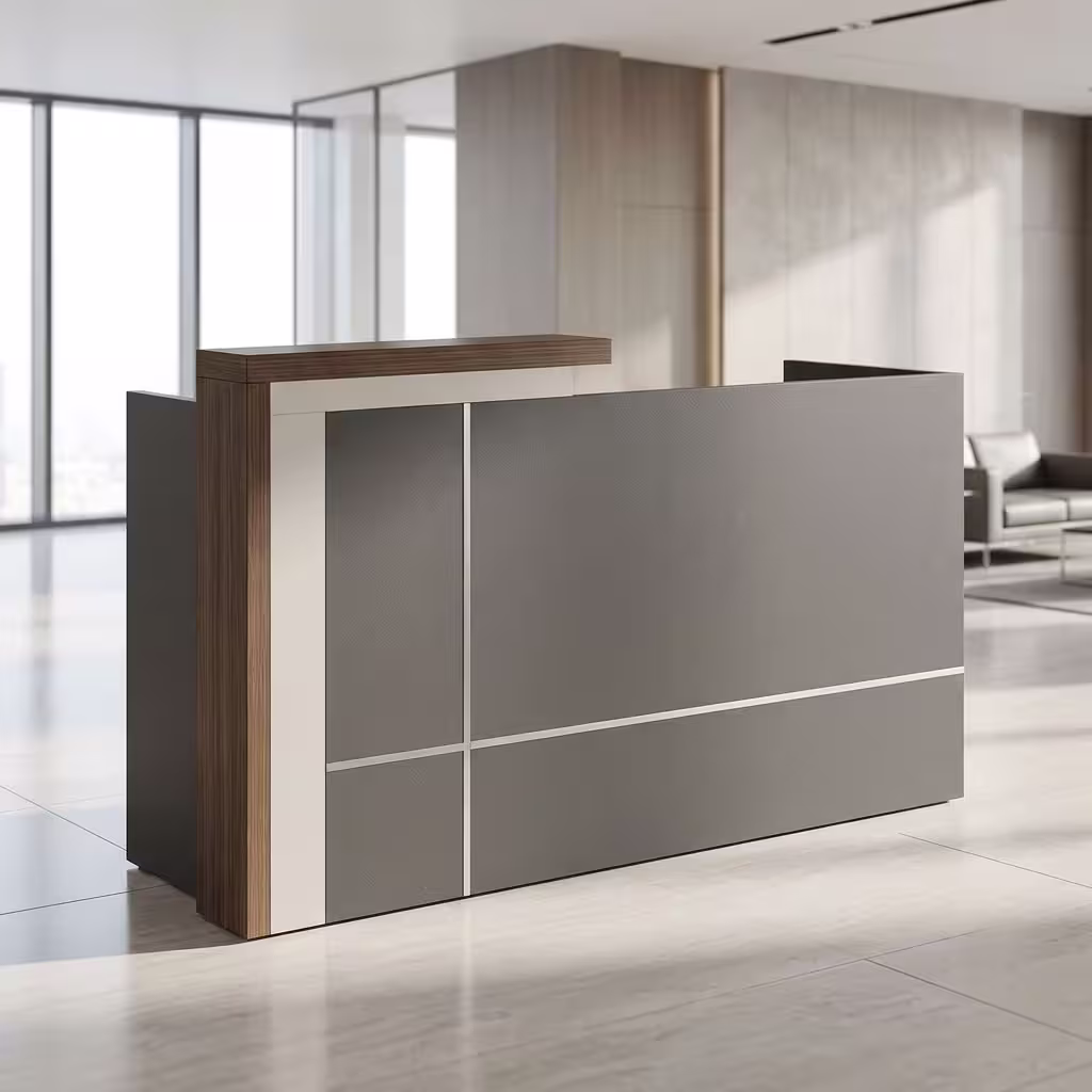 1.8M modern reception desk with grey panels, walnut finish, lockable drawers, storage cabinet, and elevated reception counter.