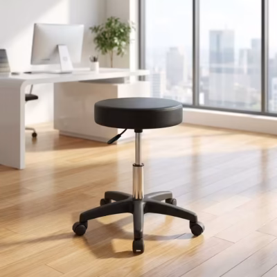 Swivel leather barstool with padded black seat, height adjustment lever, chrome gas lift, five-star base, and caster wheels.