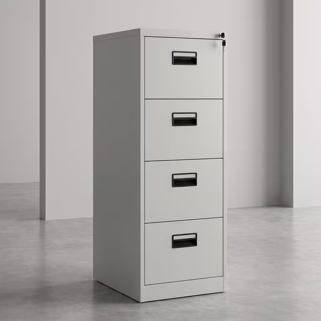 4 drawer office filing cabinet with lockable steel drawers, recessed handles, and vertical document storage design.