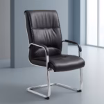 Executive leather visitors chair with high backrest, padded seat, chrome cantilever frame, and padded armrests.