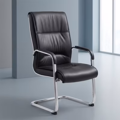 Executive leather visitors chair with high backrest, padded seat, chrome cantilever frame, and padded armrests.