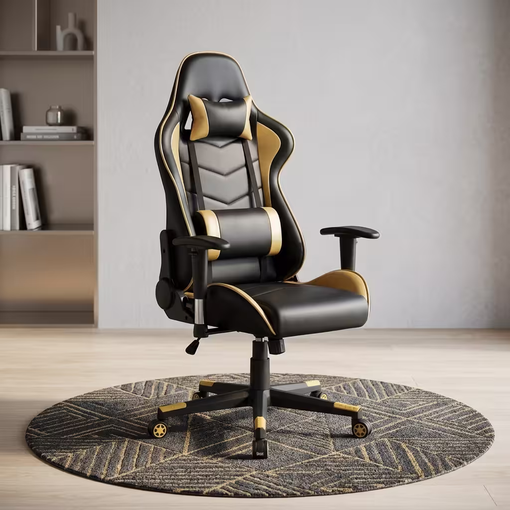 Reclining yellow gaming chair with ergonomic high back, lumbar cushion, headrest pillow, adjustable armrests, and caster wheels.