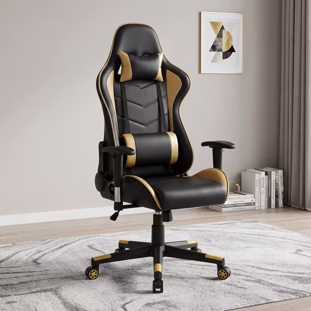 Reclining yellow gaming chair with ergonomic high back, lumbar cushion, headrest pillow, adjustable armrests, and caster wheels.