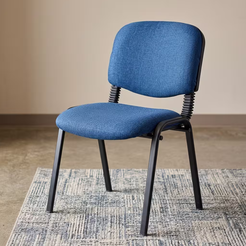 Tosca office visitors seat with blue fabric upholstery, padded seat, supportive backrest, and black metal frame.