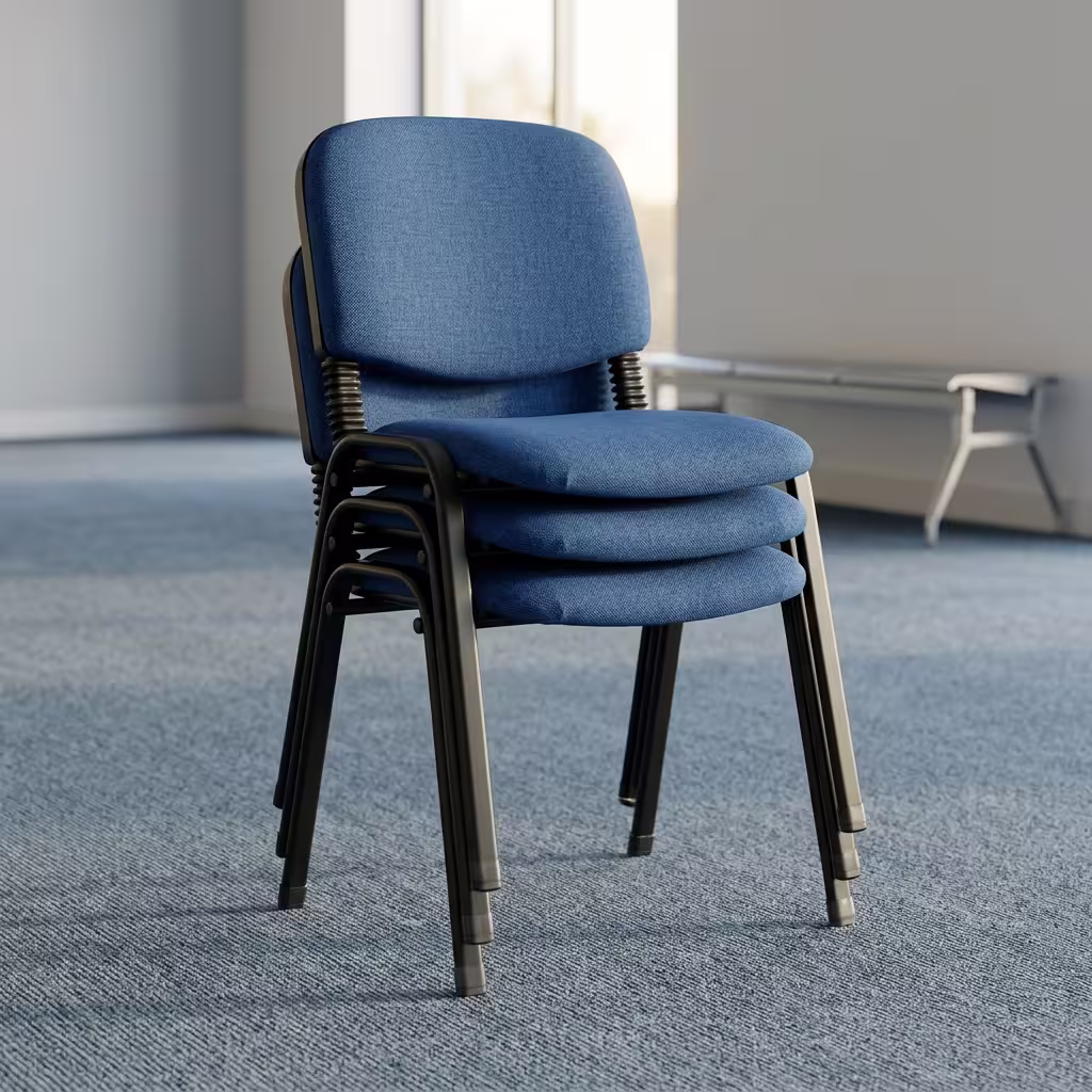 Tosca office visitors seat with blue fabric upholstery, padded seat, supportive backrest, and black metal frame.