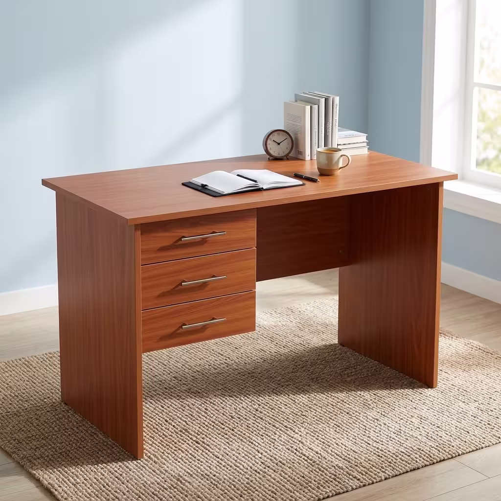 1.2M home office desk with wood-grain finish, three storage drawers, and spacious work surface for study and office use.