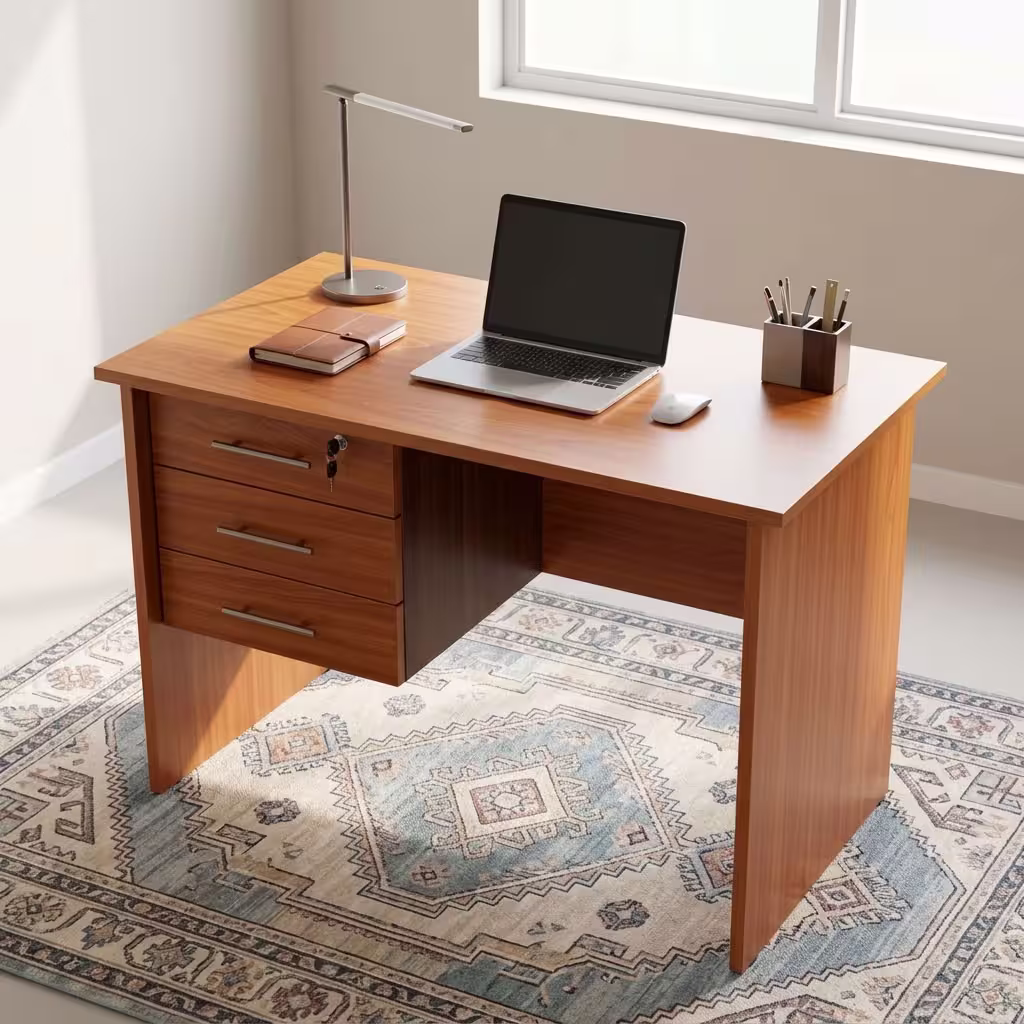 1.2M home office desk with wood-grain finish, three storage drawers, and spacious work surface for study and office use.