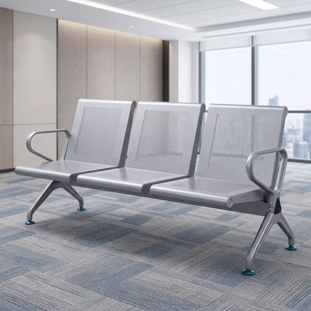 3 link office waiting bench with perforated metal seats, backrests, armrests, and a durable steel frame for reception areas.