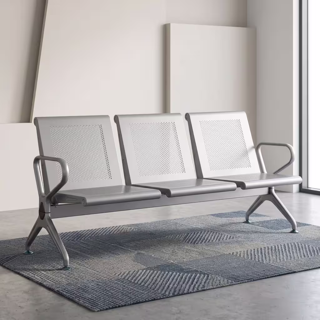 3 link office waiting bench with perforated metal seats, backrests, armrests, and a durable steel frame for reception areas.