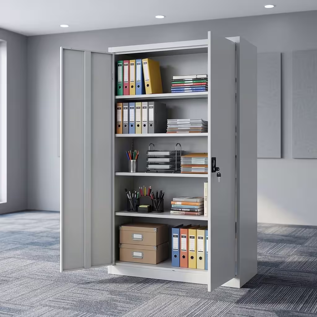 Full metallic office cabinet with lockable double doors, adjustable shelves, and durable steel construction for office storage.
