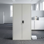 Full metallic office cabinet with lockable double doors, adjustable shelves, and durable steel construction for office storage.