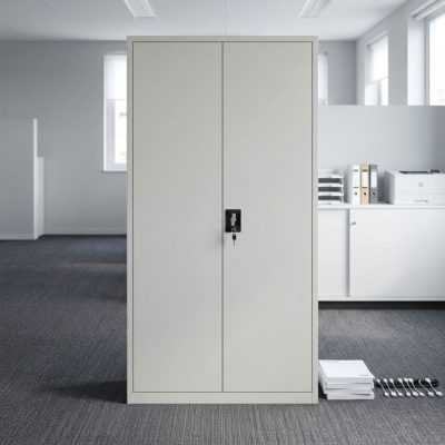 Full metallic office cabinet with lockable double doors, adjustable shelves, and durable steel construction for office storage.
