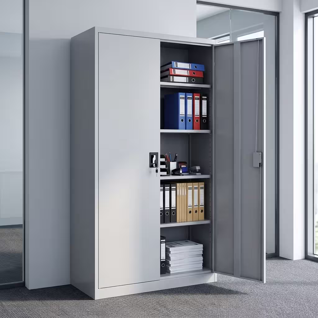 Full metallic office cabinet with lockable double doors, adjustable shelves, and durable steel construction for office storage.