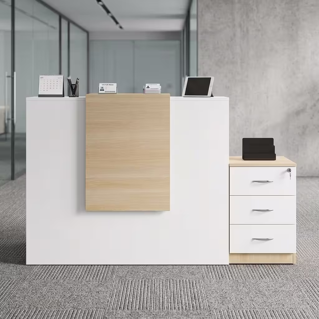 Modern office reception desk with white panels, oak finish, lockable drawers, storage pedestal, and elevated reception counter.