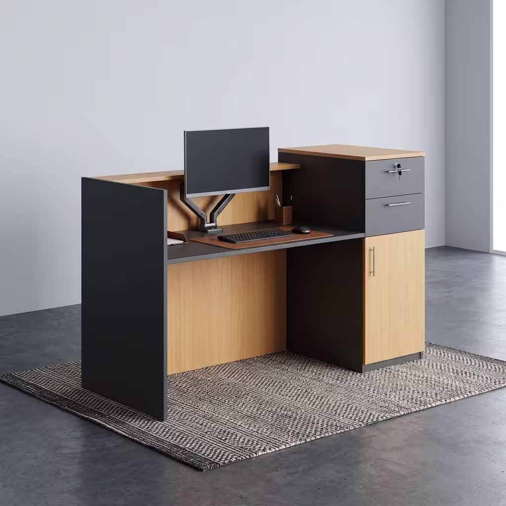 1.4M office reception desk with wood-grain finish, black accent panels, storage drawers, cabinet, and reception counter.