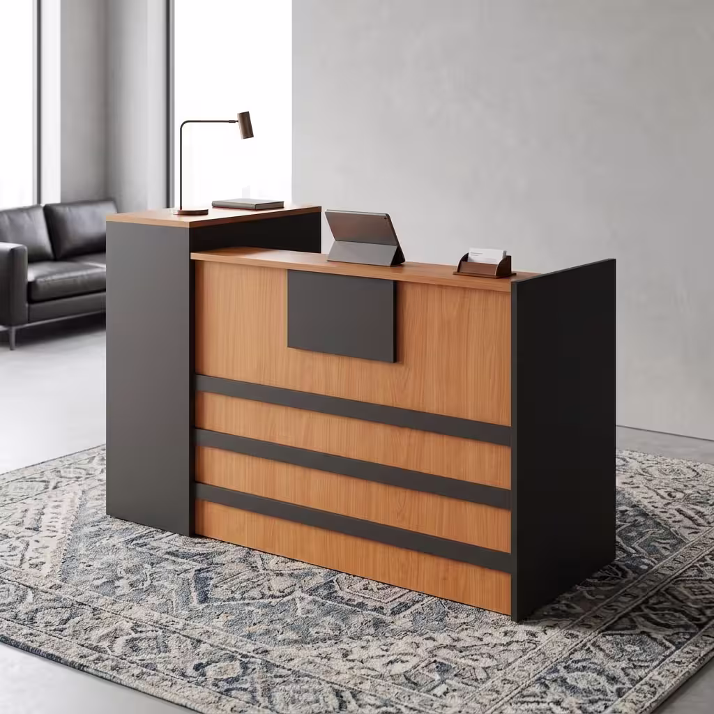 1.4M office reception desk with wood-grain finish, black accent panels, storage drawers, cabinet, and reception counter.