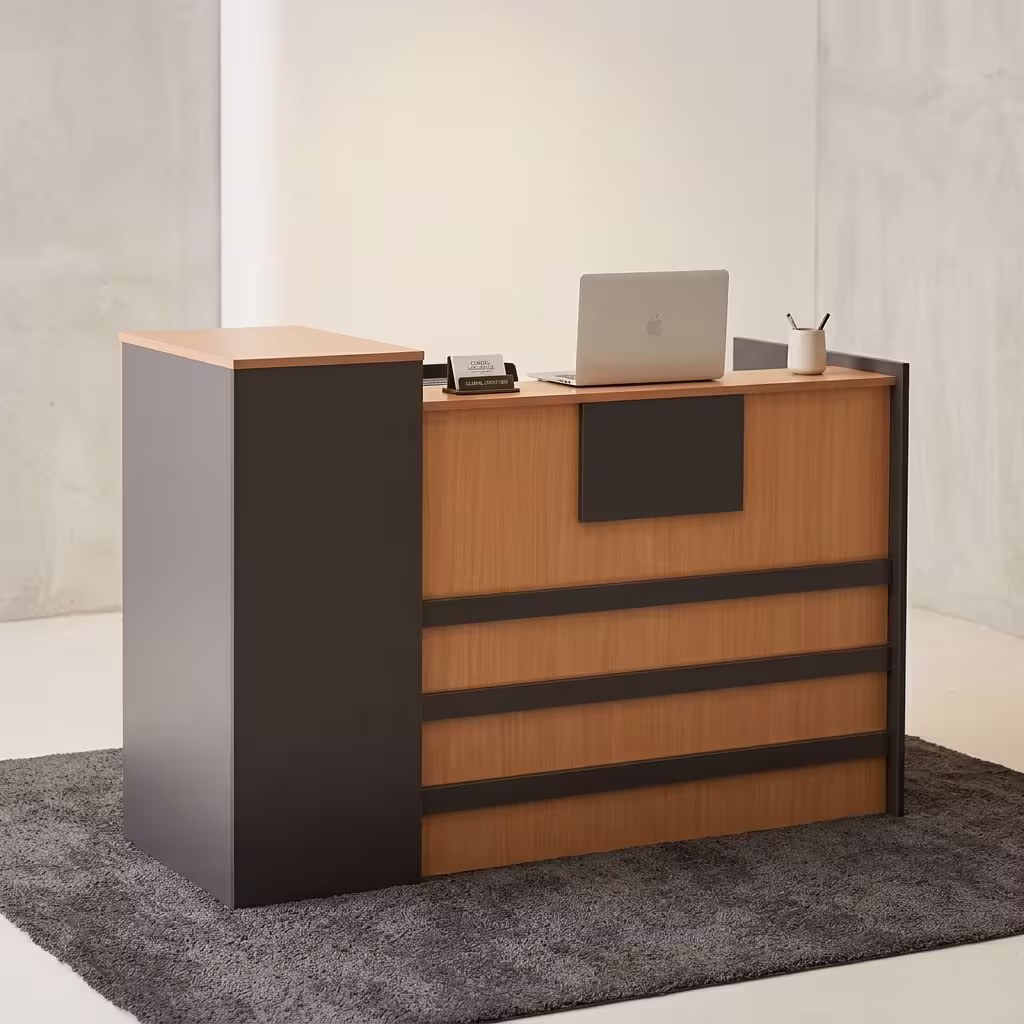 1.4M office reception desk with wood-grain finish, black accent panels, storage drawers, cabinet, and reception counter.