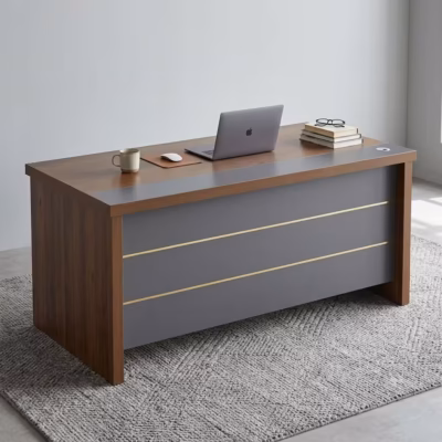 1.6M office desk with wood-grain finish, three-drawer pedestal, cable management ports, and spacious workstation.