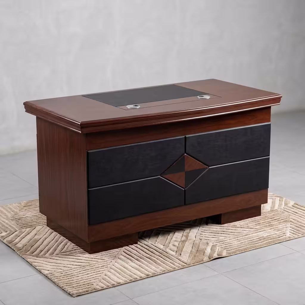 1.4M executive office desk with dark walnut finish, lockable drawers, storage cabinet, cable ports, and executive desk pad.